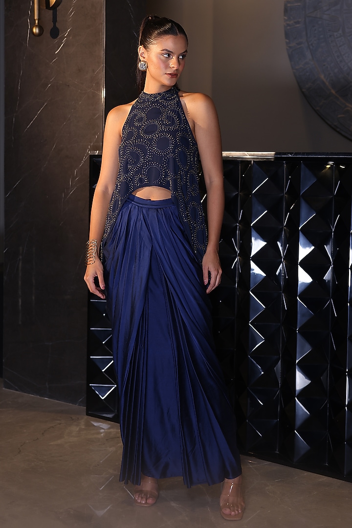 Navy Blue Satin Pleated Skirt Set by PEHR ARORA at Pernia's Pop Up Shop