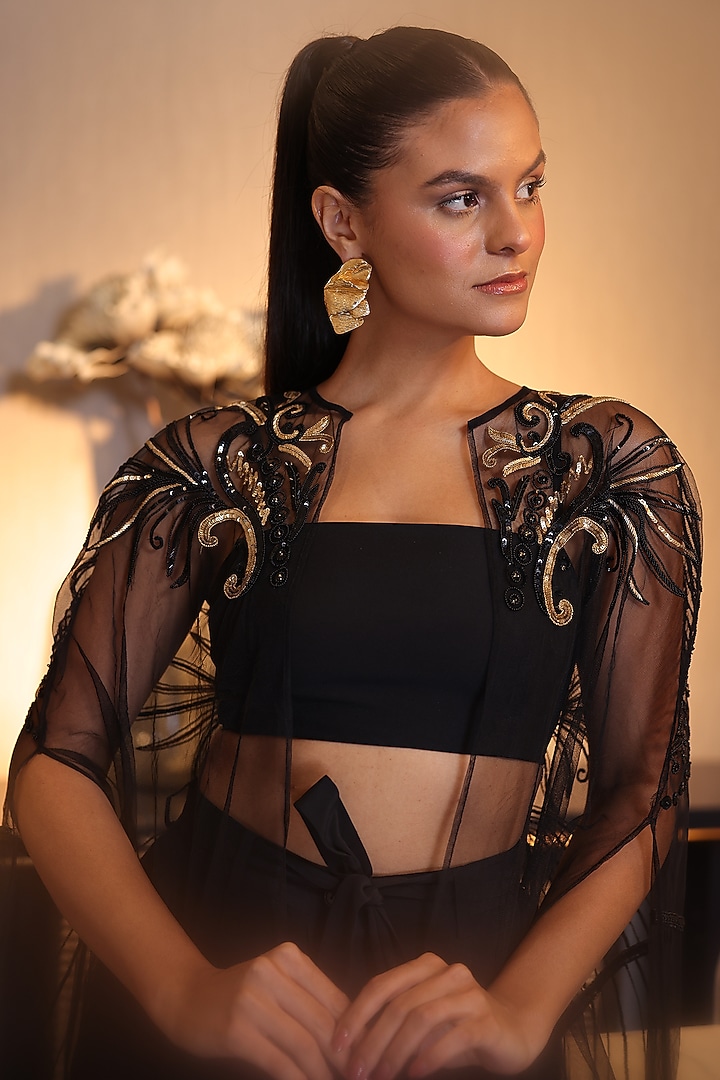 Black Net Sequins Embroidered Cape Set by PEHR ARORA at Pernia's Pop Up Shop