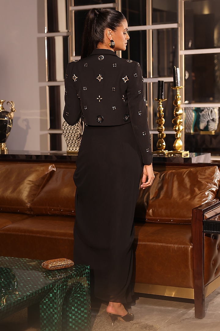 Black Net Sequins Embroidered Blazer Set by PEHR ARORA at Pernia's Pop Up Shop