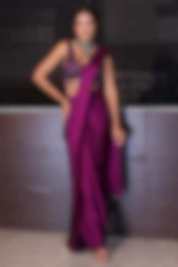 Violet Satin Pre-Stitched Party Wear Saree Set by PEHR ARORA at Pernia's Pop Up Shop