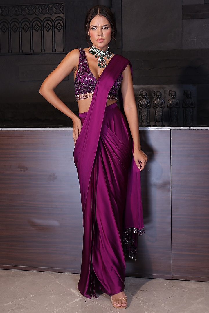 Violet Satin Pre-Stitched Party Wear Saree Set by PEHR ARORA at Pernia's Pop Up Shop