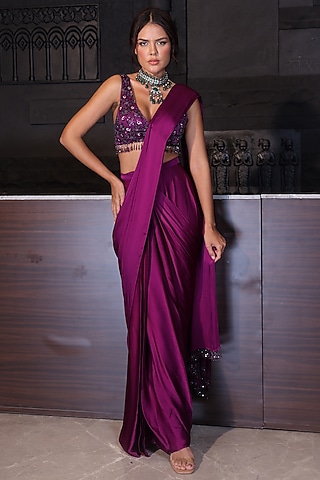Violet Satin Pre-Stitched Saree Set by PEHR ARORA