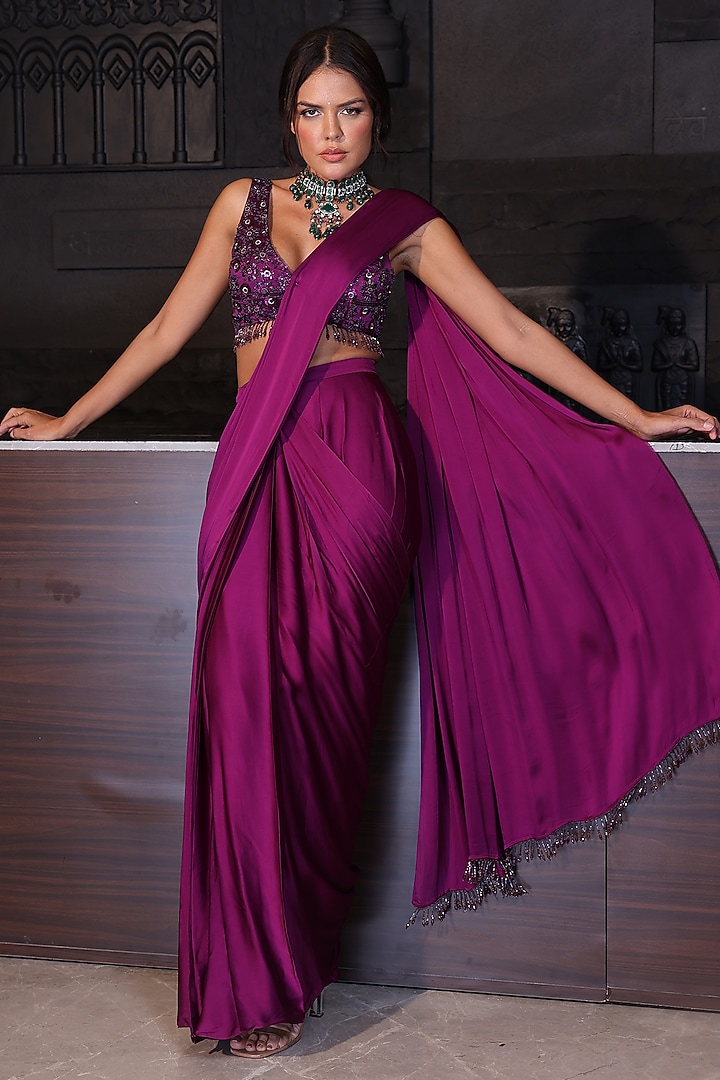 Violet Satin Pre-Stitched Party Wear Saree Set by PEHR ARORA at Pernia's Pop Up Shop