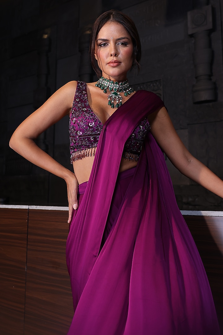 Violet Satin Pre-Stitched Party Wear Saree Set by PEHR ARORA at Pernia's Pop Up Shop