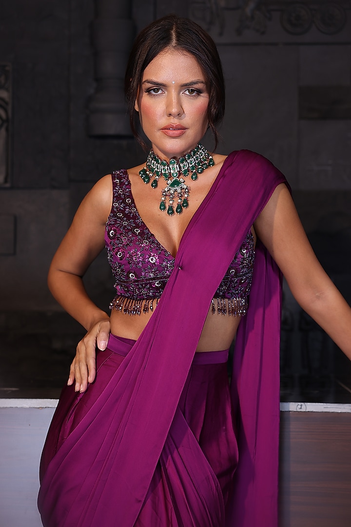 Violet Satin Pre-Stitched Party Wear Saree Set by PEHR ARORA at Pernia's Pop Up Shop