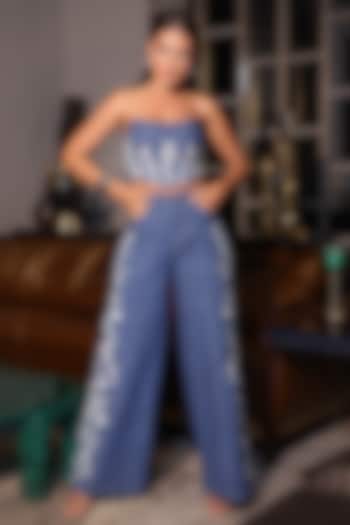 Blue Denim Hand Embroidered Co-Ord Set by PEHR ARORA at Pernia's Pop Up Shop