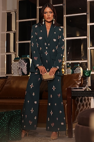 Bottle Green Banana Crepe Blazer Set by PEHR ARORA