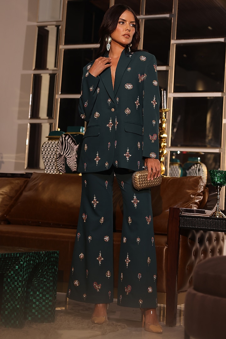 Bottle Green Banana Crepe Blazer Set by PEHR ARORA at Pernia's Pop Up Shop