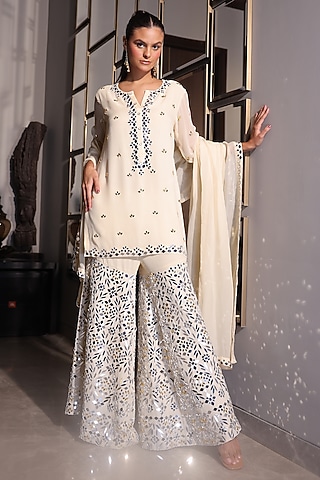 Cream Georgette Mirror Embroidered Sharara Set by PEHR ARORA