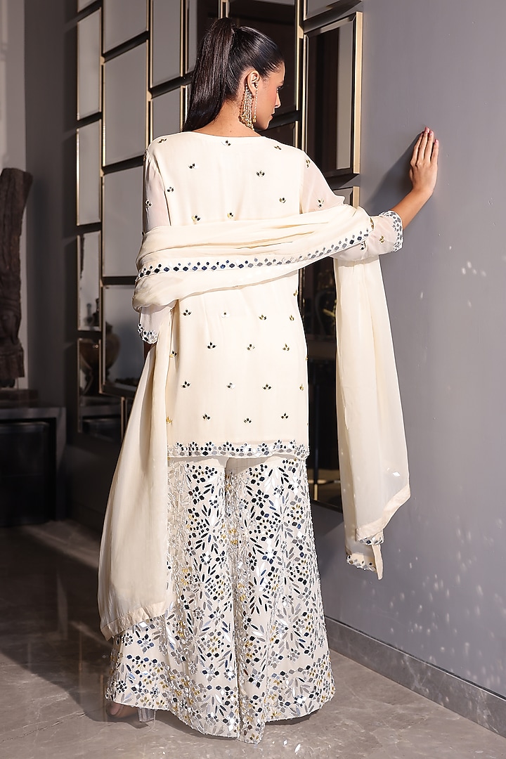 Cream Georgette Mirror Embroidered Wedding Sharara Set by PEHR ARORA at Pernia's Pop Up Shop