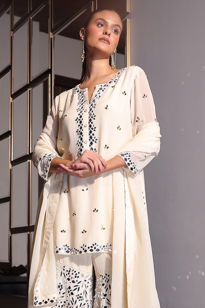 Cream Georgette Mirror Embroidered Wedding Sharara Set by PEHR ARORA at Pernia's Pop Up Shop