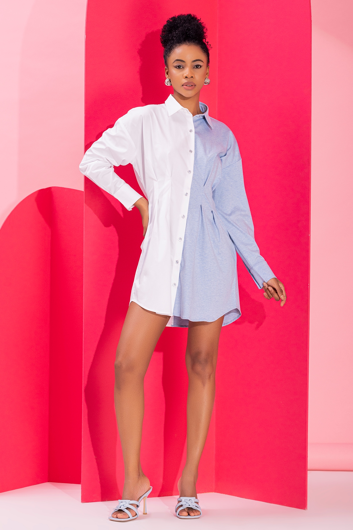 PEHR ARORA Black & Sky Blue Cotton Patchwork A-Line Shirt Dress