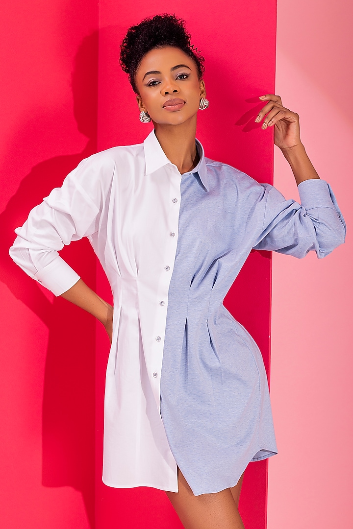 Black & Sky Blue Cotton Patchwork A-Line Summer Shirt Dress by PEHR ARORA at Pernia's Pop Up Shop