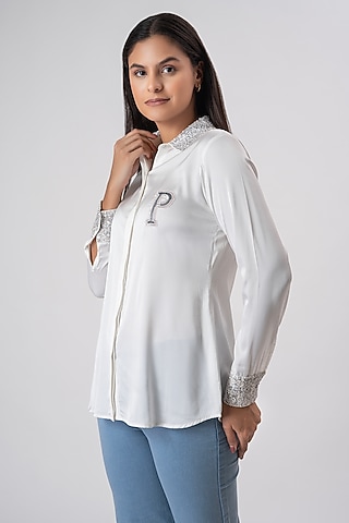 White Satin Embroidered Shirt by PEHR ARORA