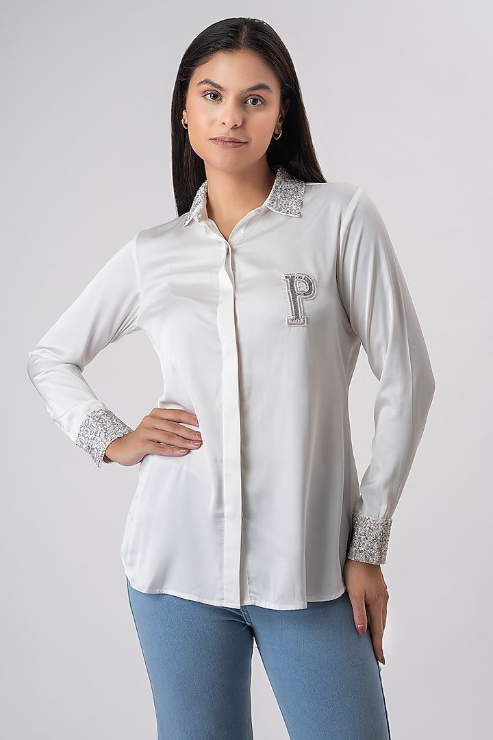 White Satin Embroidered Shirt by PEHR ARORA at Pernia's Pop Up Shop