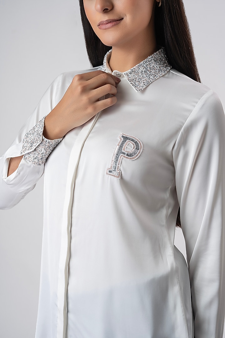 White Satin Embroidered Shirt by PEHR ARORA at Pernia's Pop Up Shop