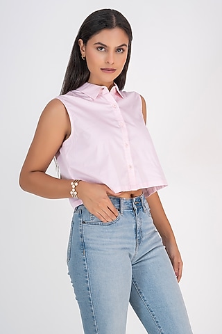 Baby Pink Cotton Patchwork Cut-Sleeves Shirt by PEHR ARORA