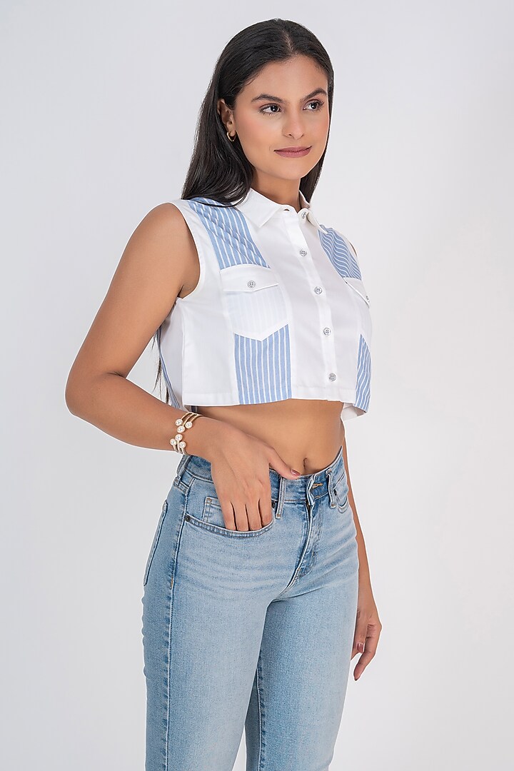 White Cotton Patchwork Cut-Sleeves Shirt by PEHR ARORA at Pernia's Pop Up Shop