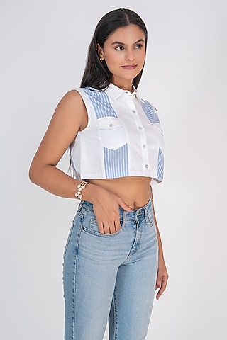 White Cotton Patchwork Cut-Sleeves Shirt by PEHR ARORA