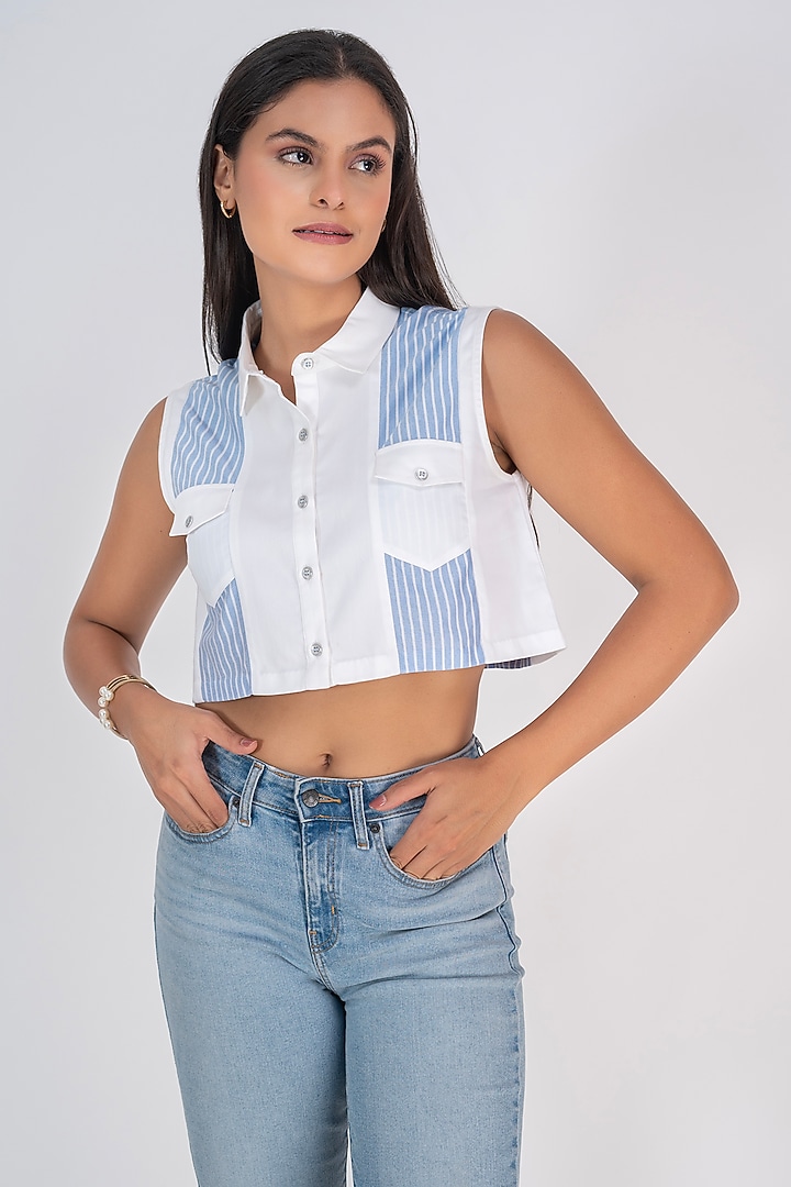 White Cotton Patchwork Cut-Sleeves Shirt by PEHR ARORA at Pernia's Pop Up Shop