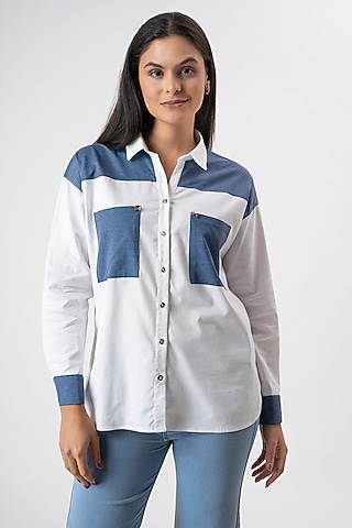 White & Blue Cotton Patchwork Shirt by PEHR ARORA