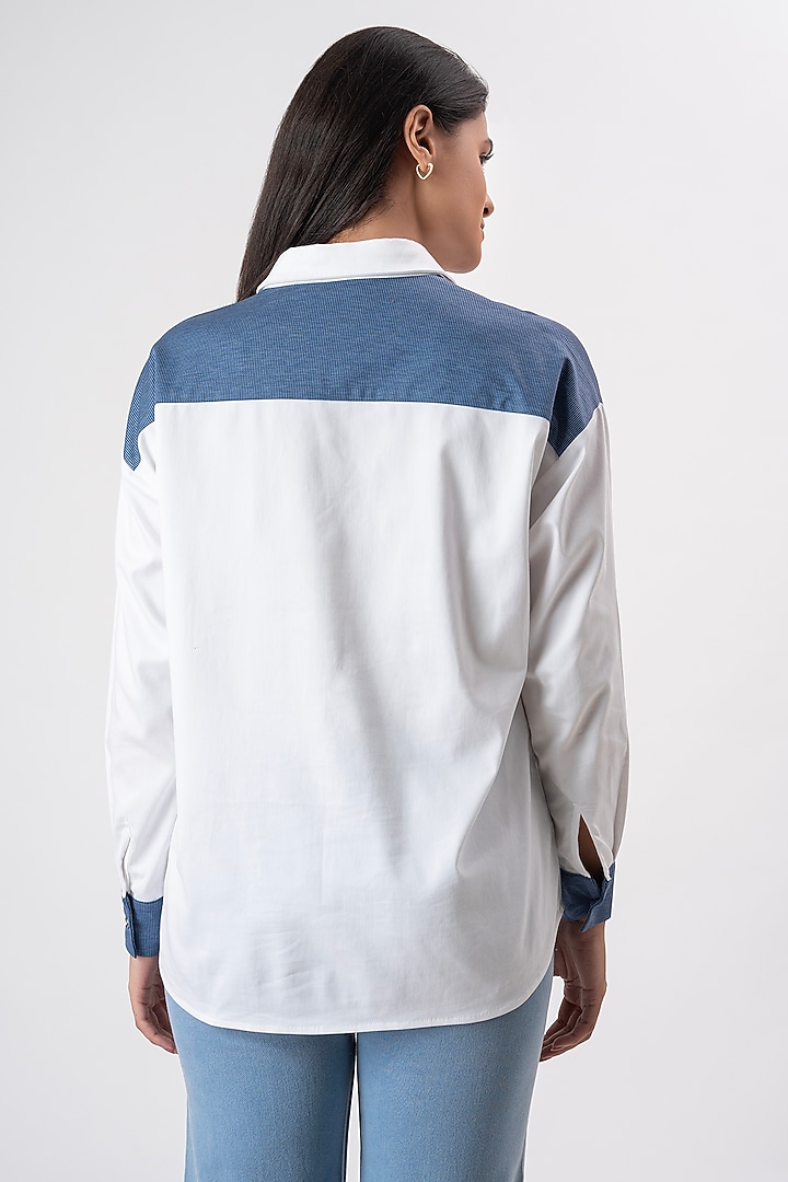 White & Blue Cotton Patchwork Shirt by PEHR ARORA at Pernia's Pop Up Shop