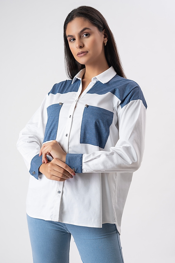 White & Blue Cotton Patchwork Shirt by PEHR ARORA at Pernia's Pop Up Shop