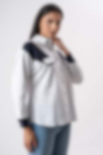 White & Navy Blue Cotton Patchwork Shirt by PEHR ARORA at Pernia's Pop Up Shop