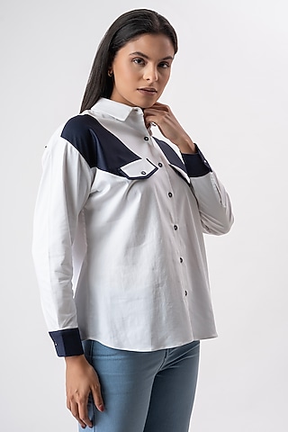 White & Navy Blue Cotton Patchwork Shirt by PEHR ARORA
