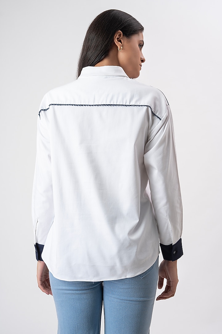 White & Navy Blue Cotton Patchwork Shirt by PEHR ARORA at Pernia's Pop Up Shop