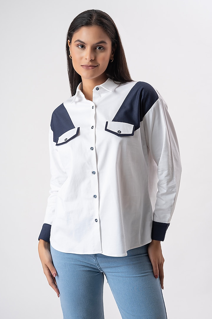 White & Navy Blue Cotton Patchwork Shirt by PEHR ARORA at Pernia's Pop Up Shop