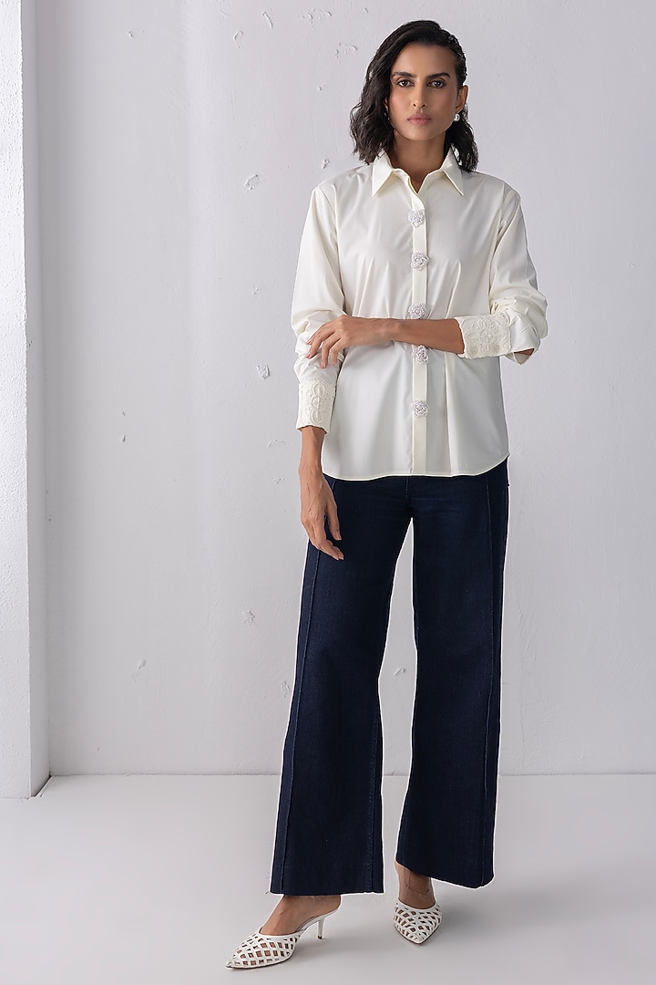 Cream Acetate Pearl Embroidered Shirt by PEHR ARORA at Pernia's Pop Up Shop