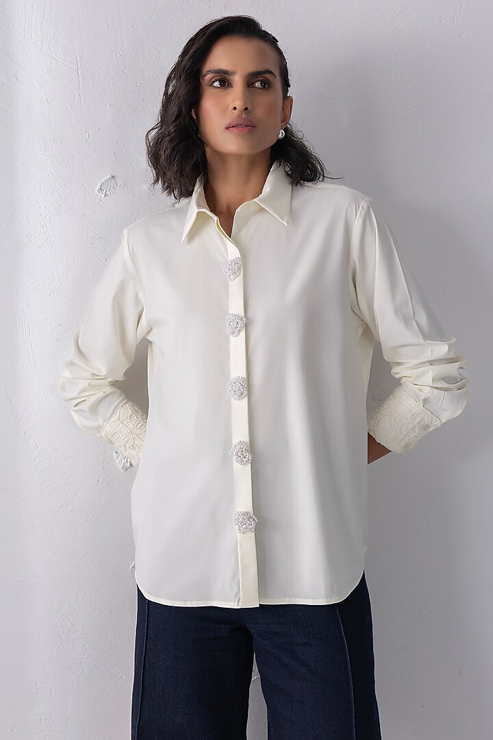 Cream Acetate Pearl Embroidered Shirt by PEHR ARORA at Pernia's Pop Up Shop