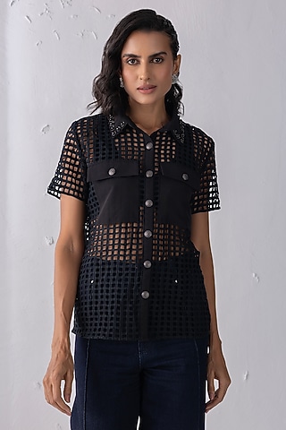 Black Mesh Crochet Shirt by PEHR ARORA