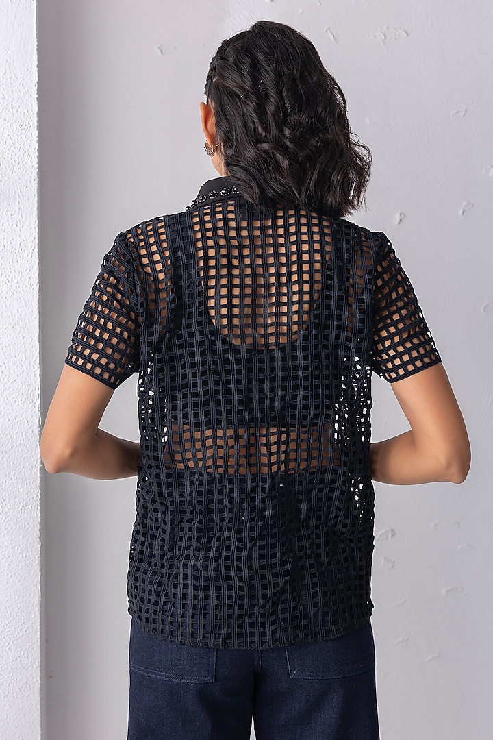 Black Mesh Crochet Shirt by PEHR ARORA at Pernia's Pop Up Shop