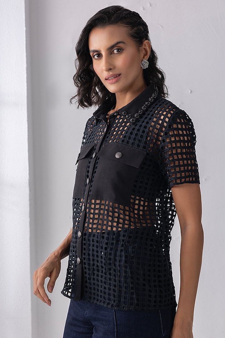 Black Mesh Crochet Shirt by PEHR ARORA at Pernia's Pop Up Shop