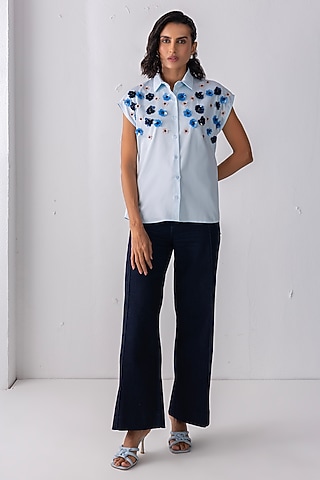 Sky Blue Cotton Hand Embroidered Shirt by PEHR ARORA