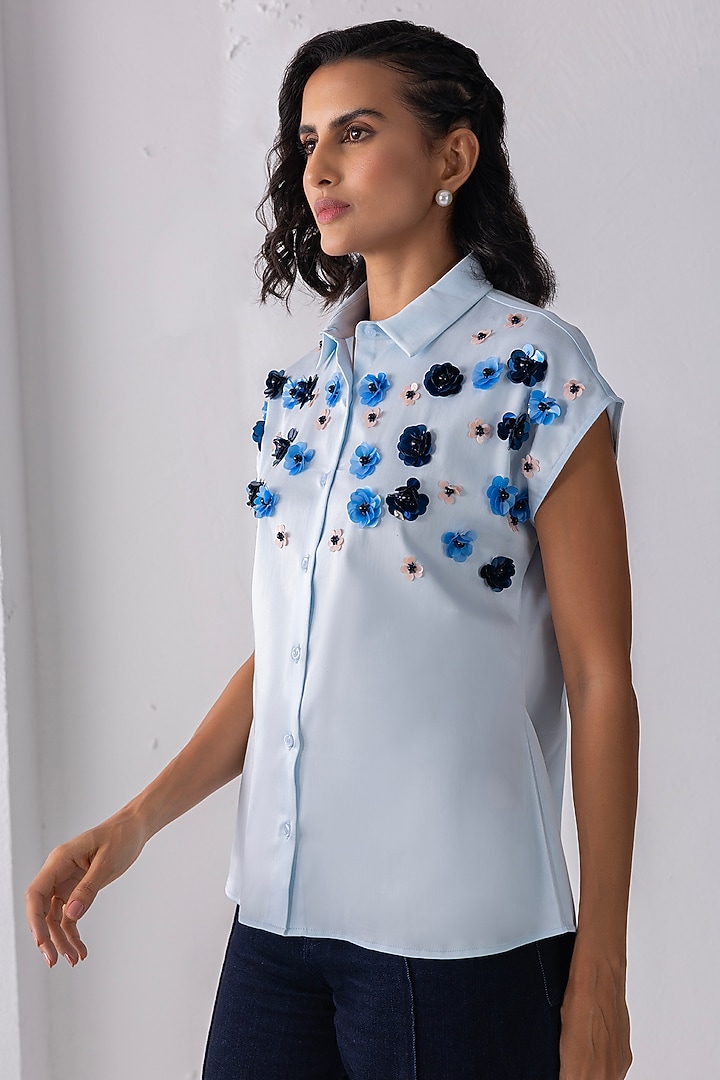 Sky Blue Cotton Hand Embroidered Shirt by PEHR ARORA at Pernia's Pop Up Shop