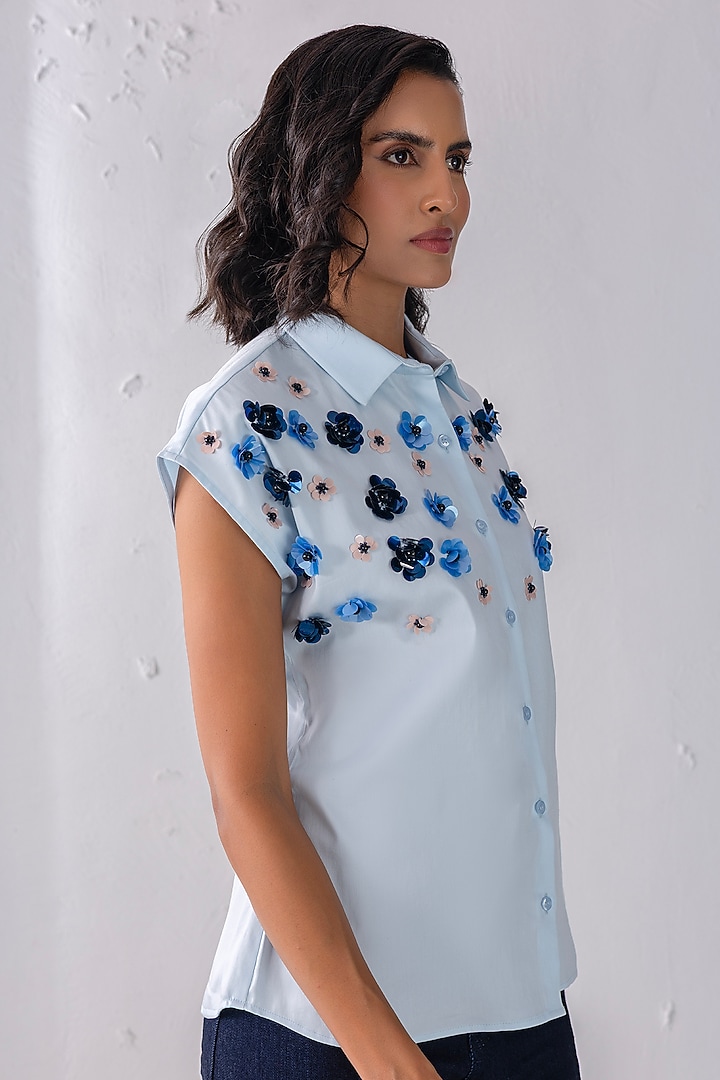 Sky Blue Cotton Hand Embroidered Shirt by PEHR ARORA at Pernia's Pop Up Shop
