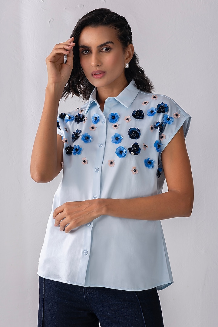 Sky Blue Cotton Hand Embroidered Shirt by PEHR ARORA at Pernia's Pop Up Shop