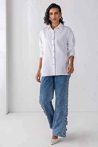 White Cotton Pearl Hand Embroidered Shirt by PEHR ARORA