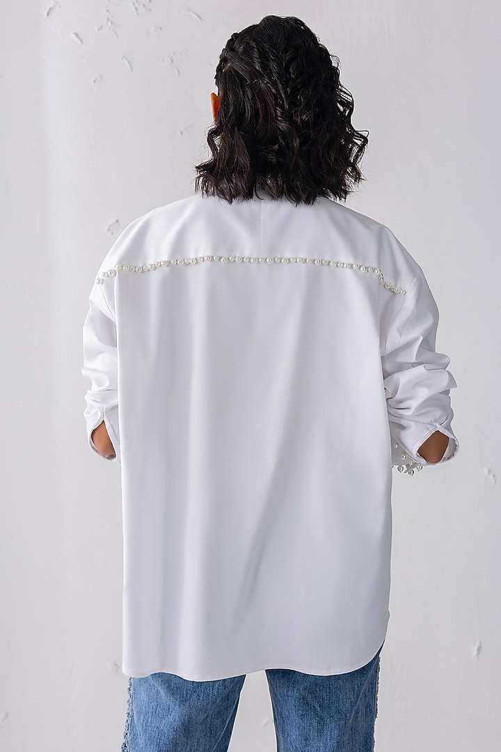 White Cotton Pearl Hand Embroidered Shirt by PEHR ARORA at Pernia's Pop Up Shop