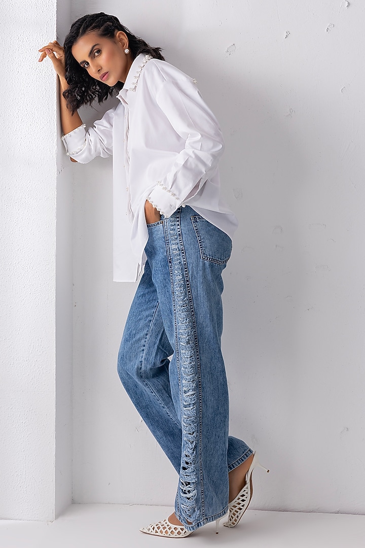 White Cotton Pearl Hand Embroidered Shirt by PEHR ARORA at Pernia's Pop Up Shop