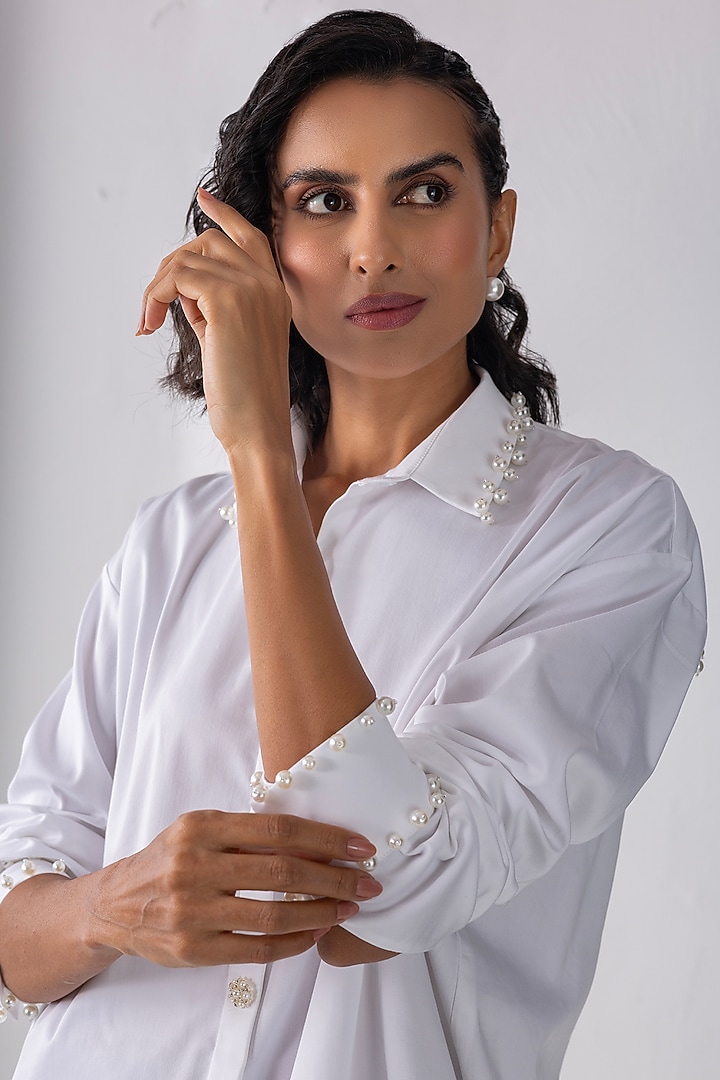 White Cotton Pearl Hand Embroidered Shirt by PEHR ARORA at Pernia's Pop Up Shop