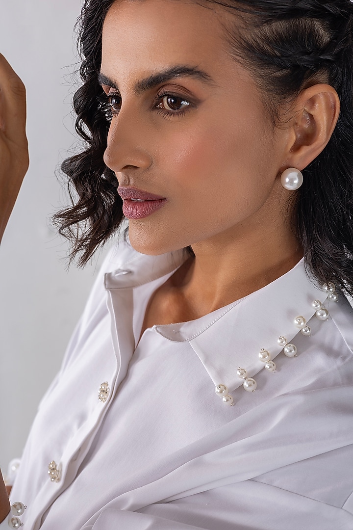 White Cotton Pearl Hand Embroidered Shirt by PEHR ARORA at Pernia's Pop Up Shop