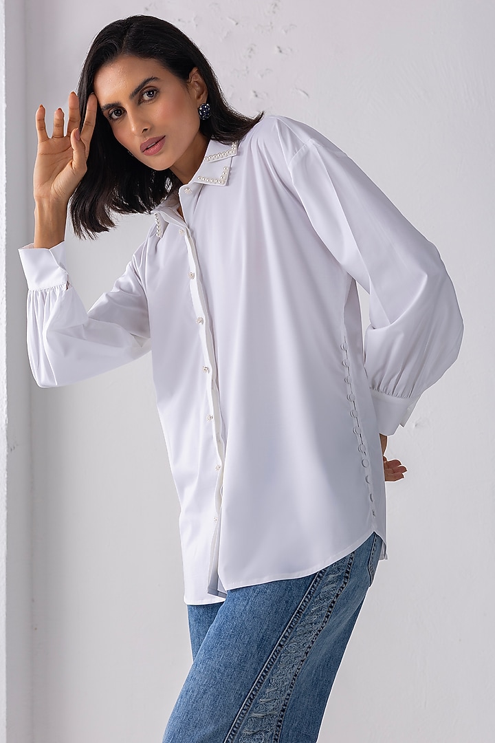 White Acetate Hand Embroidered Shirt by PEHR ARORA at Pernia's Pop Up Shop
