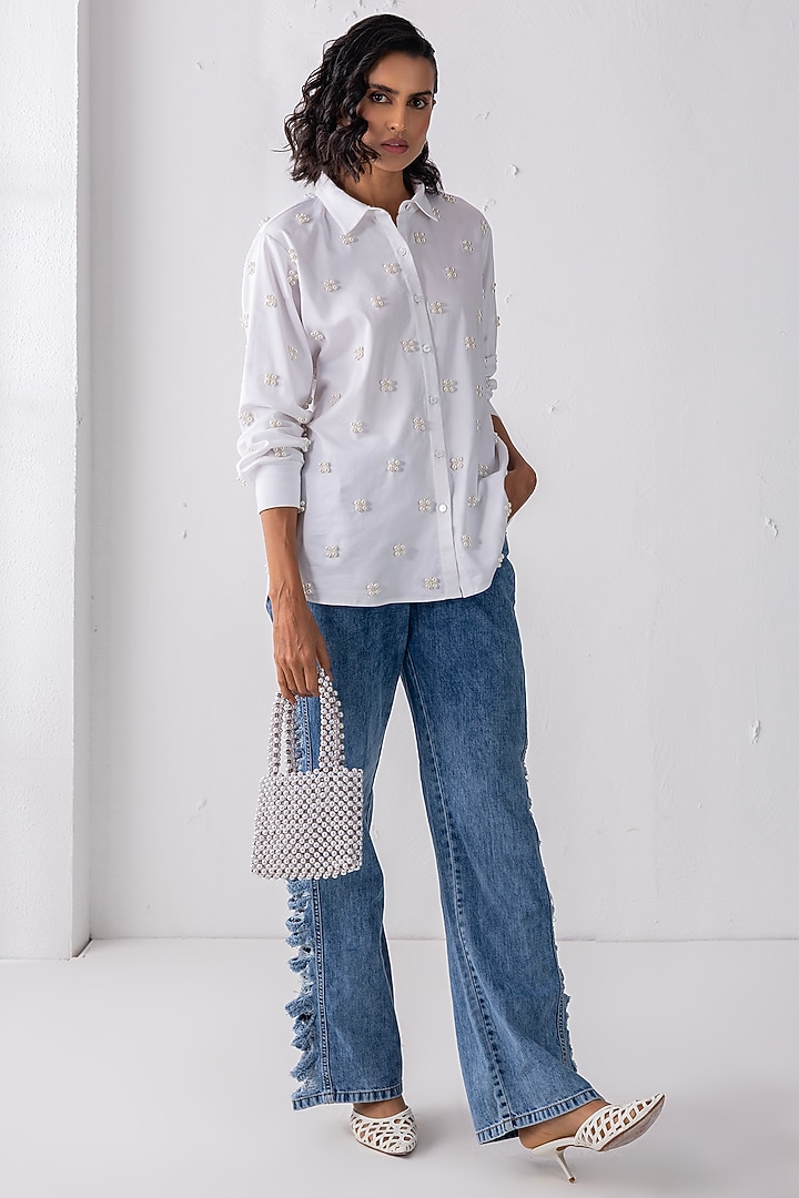 White Cotton Pearl Hand Embroidered Shirt by PEHR ARORA at Pernia's Pop Up Shop