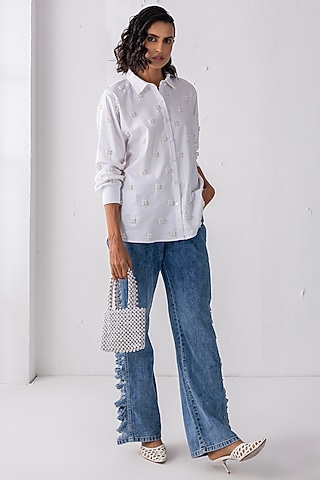 White Cotton Pearl Hand Embroidered Shirt by PEHR ARORA