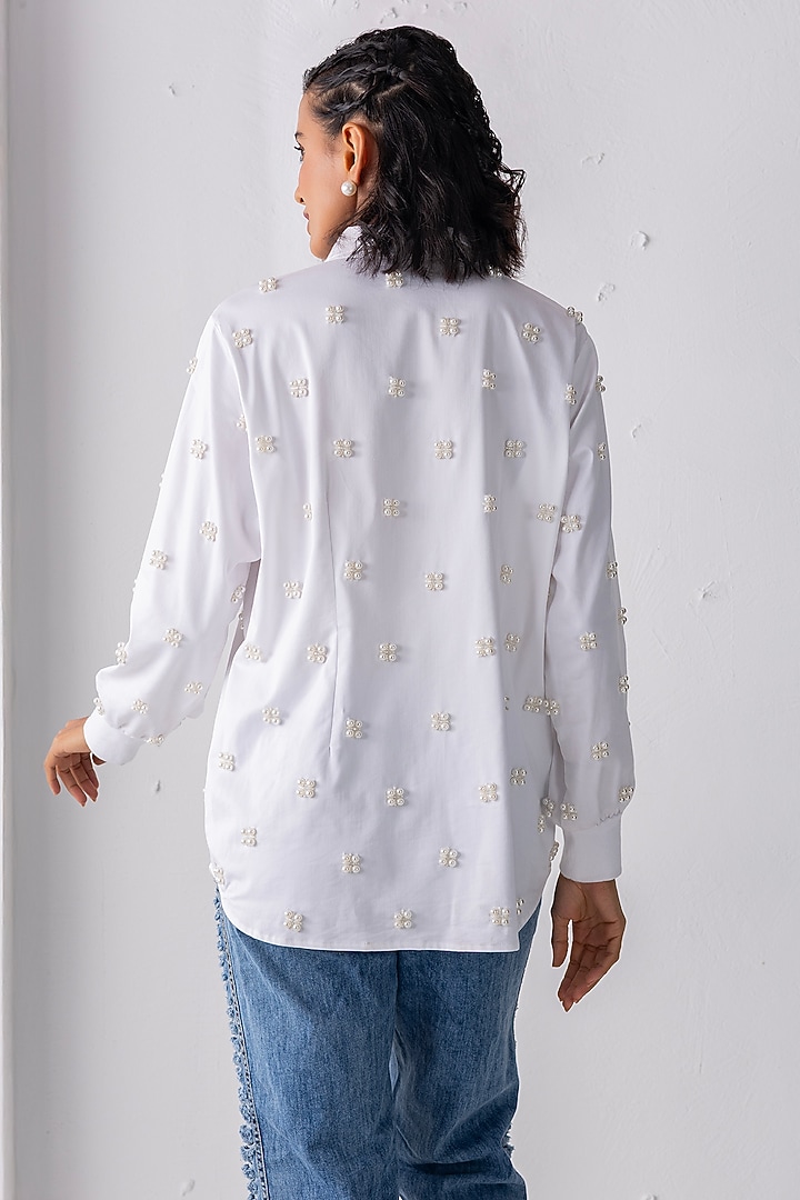 White Cotton Pearl Hand Embroidered Shirt by PEHR ARORA at Pernia's Pop Up Shop