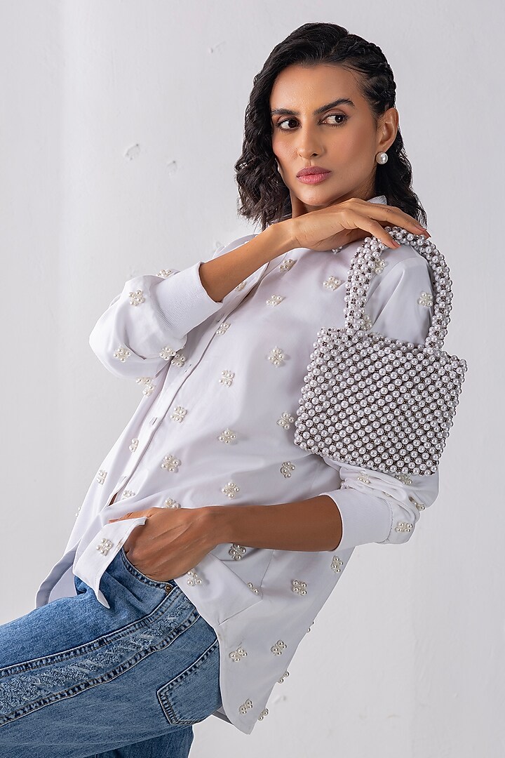 White Cotton Pearl Hand Embroidered Shirt by PEHR ARORA at Pernia's Pop Up Shop